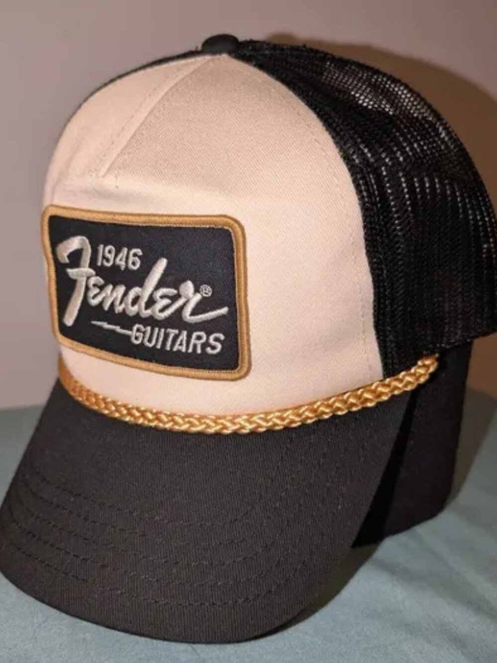 Fender Guitars 1946 Two-Tone Black and Cream Trucker Hat with Gold Rope